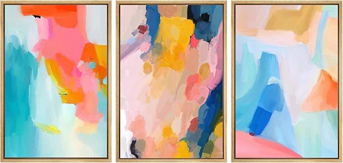 SIGNWIN Framed Canvas Print Wall Art Set Vibrant Rainbow Paint Stroke Collage Shapes Abstract Illustrations Modern Art Decorative Nordic Calm/Zen for Living Room, Bedroom, Office - 16"x24"x3 Natural
