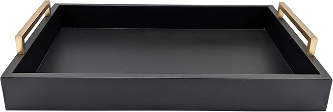 Decorative Coffee Table Tray - Ottoman Tray - Breakfast, Drinks, Liquor Serving Platter - Farmhouse to Modern - Matte Finish - Champagne Gold Handles - Pitch Black