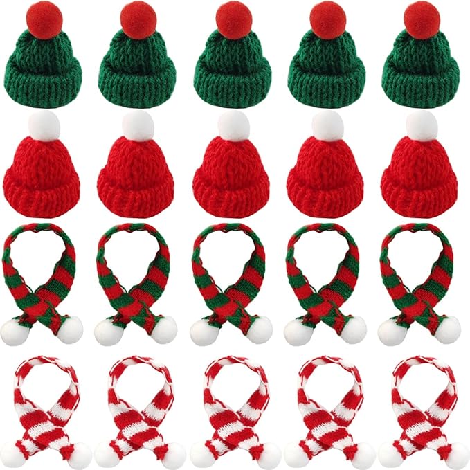 NSBELL 32PCS Mini Knit Hat Mini Christmas Scarf Set Mini Santa Hats for Crafts Mini Christmas Decorations Christmas Tree Ornaments for DIY Craft Art Snowman Doll