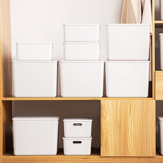 5 pack large plastic White storage bins with Lids, Toy Box Chest with Handle，Organizer Containers Baskets for Baby,Nursery，Shelves，Playroom, Bedroom，Office,Closet，home (White, 5XL+5S)