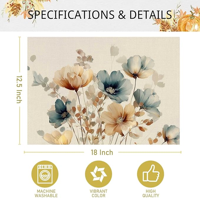 Double Side Set of 4 Watercolor Floral Fall Placemats Seasonal Autumn Harvest Table Mats for Indoor Outdoor Home Party Dining Decor Farmhouse Burlap Table Mats 12x18 Inch #WP022