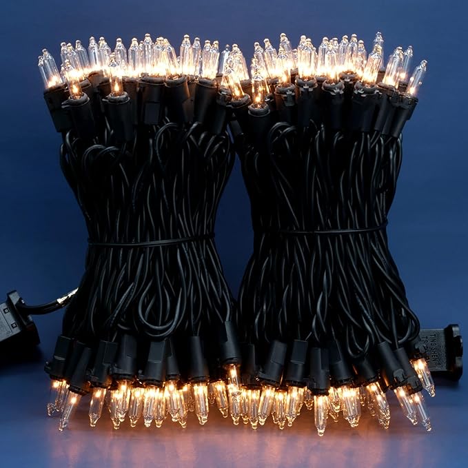200 Count Clear Christmas Lights, Pack of 2 Strands 100 Count 33 ft Black Cord UL Listed Holiday String Light (Clear - Black Wire)