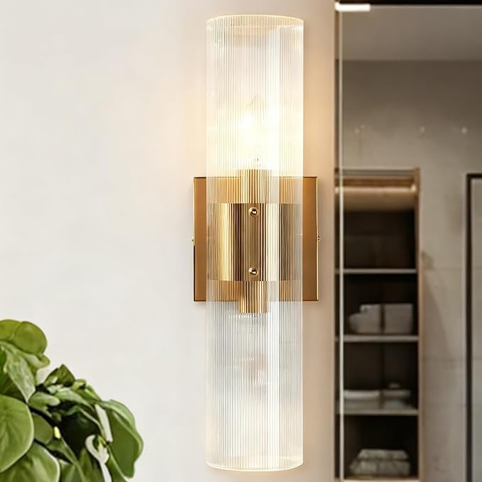 Modern Fluted Glass 2-Light Wall Sconce - Perfect for a Hallway or flanking a Painting or Bathroom, Bedroom Wall Sconces