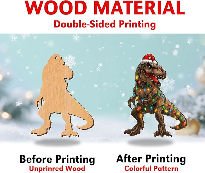 2 Side Printed Flat Christmas Wooden Ornaments, Animal Keepsake Hanging Tree Decoration, Santa Dinosaur Ornament
