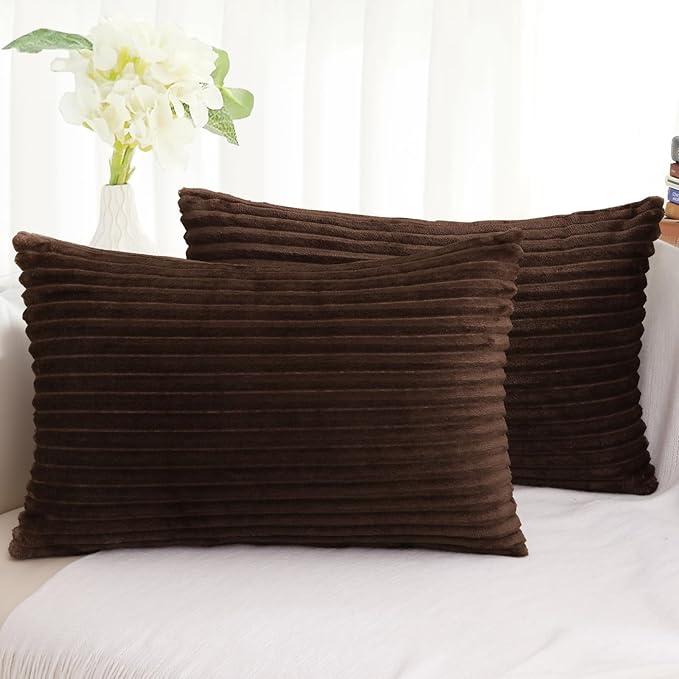 Simmore Decorative Christmas Throw Pillow Covers 12x20 Set of 2, Soft Natural Plush Flannel Double-Sided Fluffy Lumbar Pillow Covers for Couch Sofa Living Room, Brown