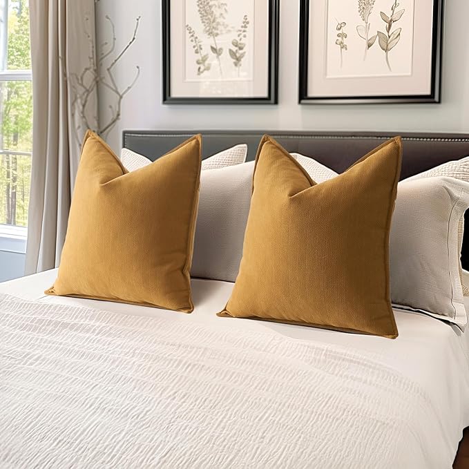 MIULEE Pack of 2 Mustard Yellow Decorative Pillow Covers 20x20 Inch Soft Chenille Luxurious Couch Throw Pillows Farmhouse Cushion Covers with Elegant Design for Sofa Bedroom Living Room Home Decor