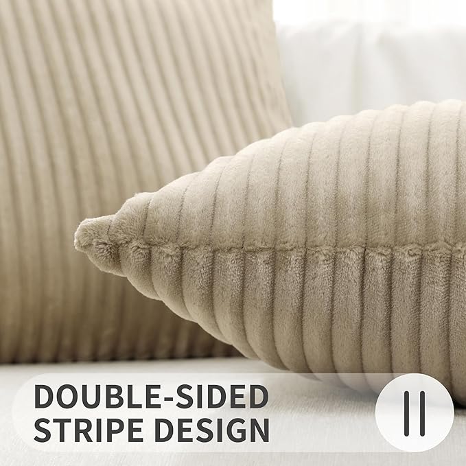 Simmore Decorative Christmas Throw Pillow Covers 12x20 Set of 2, Soft Natural Plush Flannel Double-Sided Fluffy Lumbar Pillow Covers for Couch Sofa Living Room, Khaki