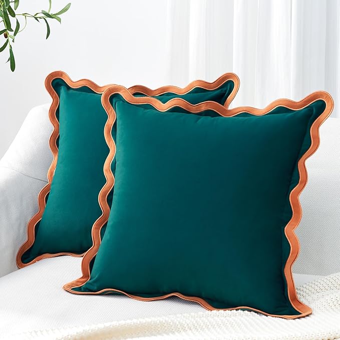 MONDAY MOOSE Decorative Throw Pillow Covers Cushion Cases, Set of 2 Soft Velvet Scalloped Wavy Edge Designs, Mix and Match for Home Decor, Pillow Inserts Not Included (22x22 inch, Coral/Dark Teal)