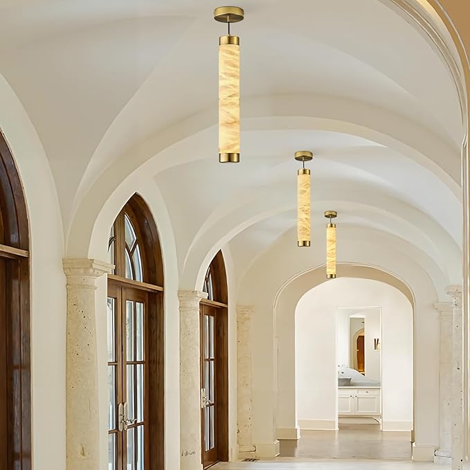 20" Natural Alabaster Pendant Light, Marble Cylinder Brass Pendant Lights, Natural Adjustable Modern Ceiling Light Fixtures for Kitchen Island, Dining Room, Bedroom, Bathroom, Living Room