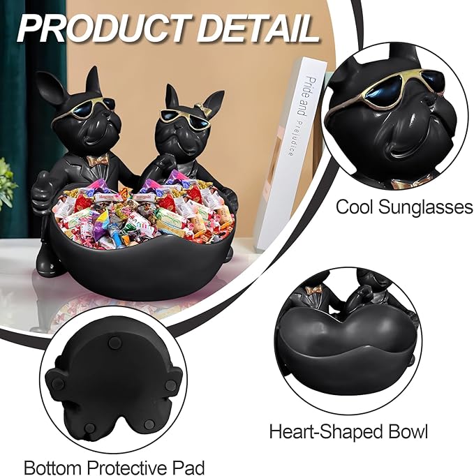 Bulldog Candy Bowl Decor,Heart-shaped Key Holder Bowl Candy Dish, Bulldog Lovers Accessories, Resin Bulldog Statue for Office Desk Home Decor Figurines Entryway Table Decor（Black）