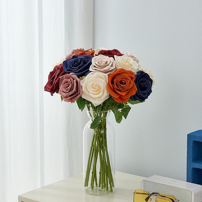 15pcs Dusty Rose Artificial Flowers Roses Fake Silk Flowers Faux Long Stem Artificial Roses for Wedding Party Bridal Show Decorations (VASE is NOT INVLUDED)