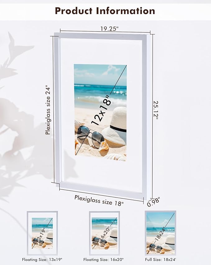 DLQuarts 18x24 Floating Picture Frame for 16x20/13x19/12x18/11x14 Photos, 2-Pack Solid Wood Double Plexiglass Wall Art Frames, Any Size Photo up to 18x24 Display, White