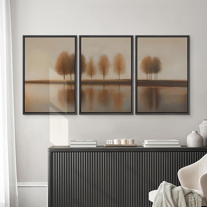 SIGNWIN Framed Canvas Print Wall Art Set Golden Autumn Trees by The Lake Tranquil Nature in Warm Earth Tones Illustrations Modern Art Decorative Zen for Living Room, Bedroom, Office - 16"x24"x3 Black