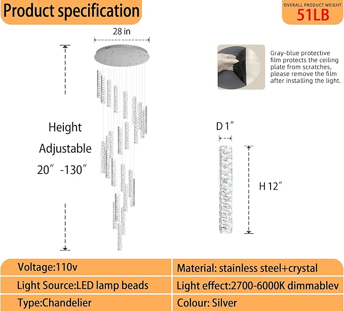 Large Staircase Chandelier 130inch Long Spiral Crystal Chandelier for High Ceiling Foyer Entrance 25-Lights Silver LED Dimmable 3000-6000K