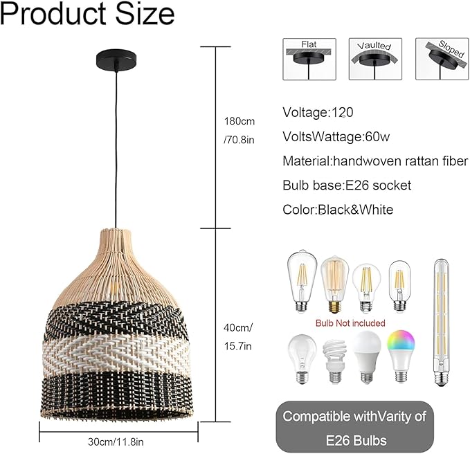 Rattan Pendant Light 1-Pack Black White Faux Rattan Basket Chandelier 11.8" Boho Handmade Woven Oval Wicker Hanging Light Fixture for Public Place Dining Living Bedroom Kitchen