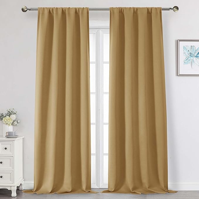 Gold Blackout Curtains for Bedroom Living Room 96 Inches Long 2 Panels, Soft Solid Room Darkening Thermal Insulated Window Treatments, Modern Rod Pocket Curtain, Gold, Each 40" Wx96 L