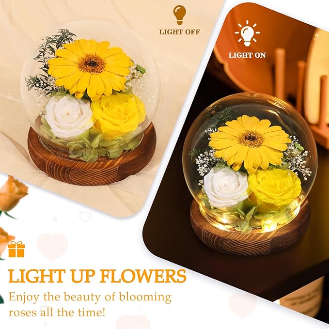 FIACO Sunflower Gifts for Women Preserved Forever Flower Rose in Glass Fresh Flowers for Delivery Mothers Day Birthday Gifts for Mom Grandma Sister Wife Yellow Sunflower Decor