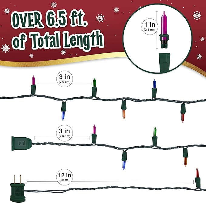 Warm Multi Color Christmas Lights - 6.3 ft String of 35 Incandescent Mini Bulbs Multifunctional Lighting Modes, for Decorative, Bedroom, Outdoor, Xmas Twinkle Tree Lights with Green Wire Total 6.6 ft