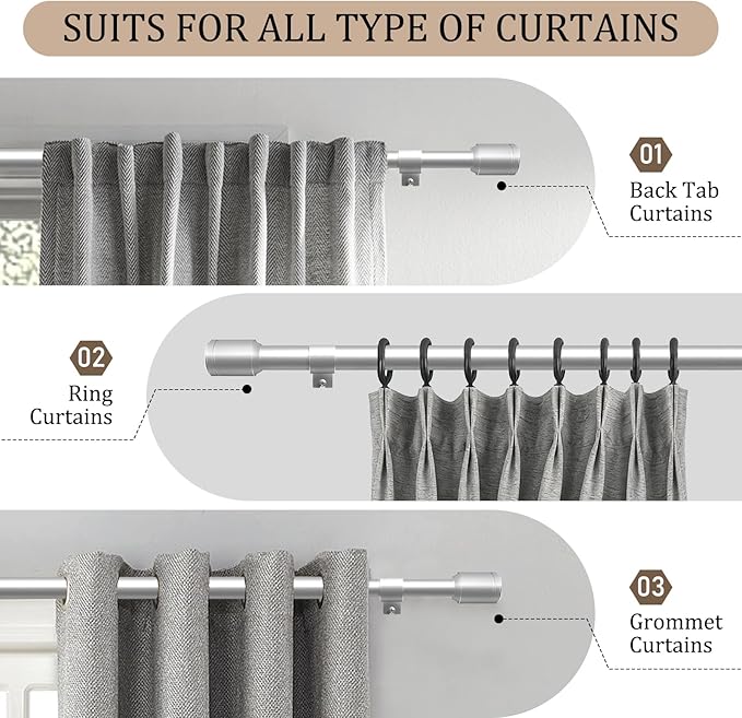 1” Diameter Silver Curtain Rods for Windows, 1 Pack 30-144 Inch Heavy Duty Window Rods, Long Adjustable Curtain Rod, Fits Most Standard Windows, Suitable for Bedroom, Living Room, Farmhouse