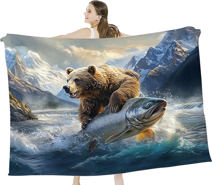 Tijuboni Bear Fish Throw Blanket Cabin Bear Gifts for Women Men Girls Boys Kids Adults Soft Flannel Fleece Blanket for Couch Sofa Bed Home Decor 50"x60"