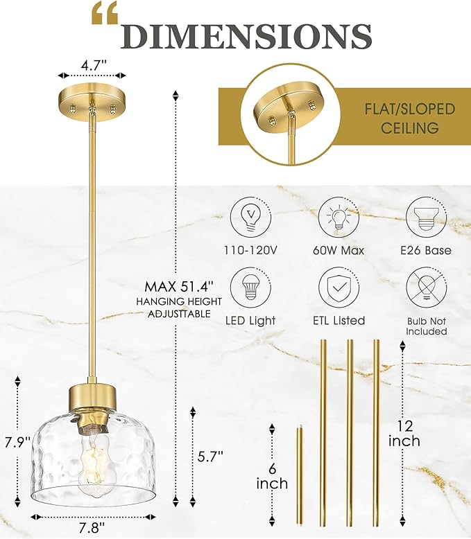 2-Pack Pendant Lights Kitchen Island, 8" Brushed Gold Hanging Light Fixtures with HHammered Glass, Modern Brass Kitchen Pendant Lighting Over Island for Dining Room, AD-24024-1P2L-GD-H