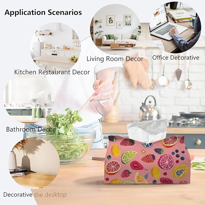 Pink Cute Fruit Tissue Box Cover Rectangle,Pink Cottagecore Strawberry Toilet Paper Box Holder,Leather Decorative Facial Paper Case for Living Room Bathroom Kitchen Office Desk,9.8x5.9x5.9In
