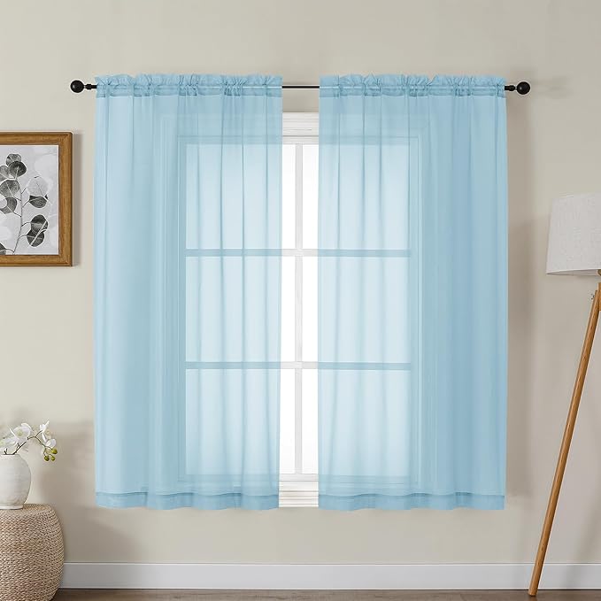 Gwine Sky Blue Sheer Curtains for Bedroom 54 inches Long 2 Panels, Light Filtering Voile Rod Pocket Curtains, Airy Transparent Sheer Drapes for Living Room, Each 42" Wx54 L