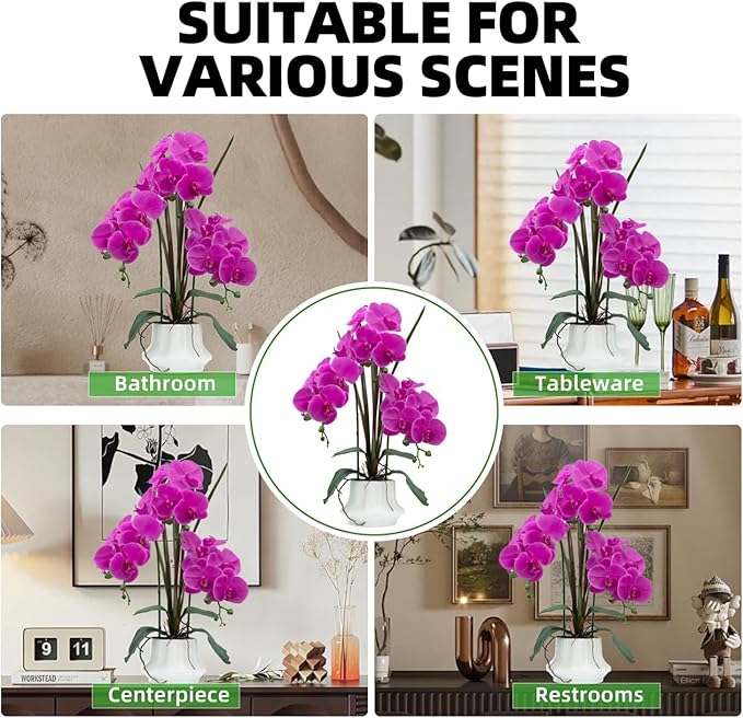 CXGS Artificial Orchid Flower Plant 20.9'' Realistic Latex Faux Orchids in Ceramic Vase Purple Fake Phalaenopsis Flower Arrangement Orchids with Spotted Stems for Centerpiece Table Home Decor