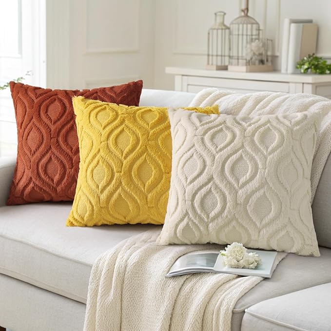 decorUhome Throw Pillow Covers 16x16 Inch Set of 2, Soft Plush Faux Wool Mustard Yellow Solid Couch Pillow Covers, Accent Farmhouse Neutral Square Pillow Cases for Sofa Bed Living Room