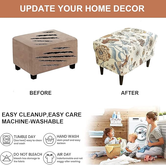 Eco-Ancheng Chair Cover Stretch Ottoman Cover Rectangular Storage Ottoman Slipcover Footrest Stool Covers Ottoman Slipcovers for Foot Stool with Nonslip Elastic Bottom