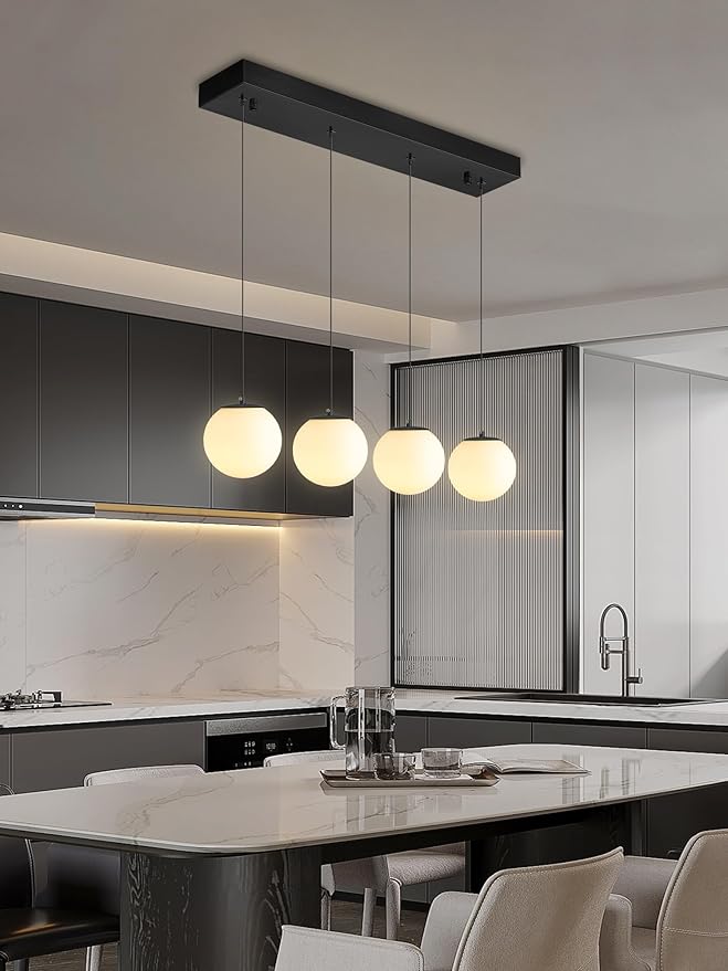 Dining Room Light Fixture 4-Light Black Kitchen Island Lighting Globe Glass Chandeliers for Dining Room Over Table Pendant Light Fixture for Living Room Hallway Bedroom