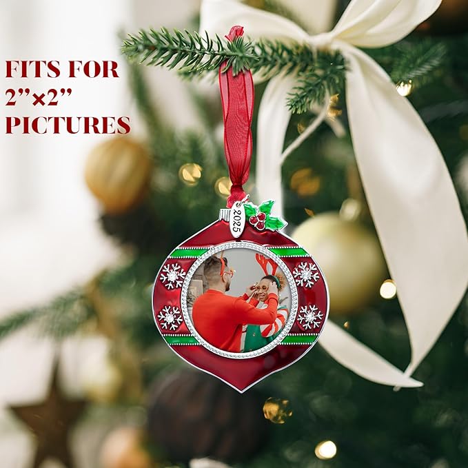 GUOER 3PCS Christmas Tree Ornaments Set Picture Frame Ornament Holiday Keepsake Gift Home Decor Christmas Decorations Xmas Gifts Pendant with 2” Photo Frame Insert (Red & Green 2025)