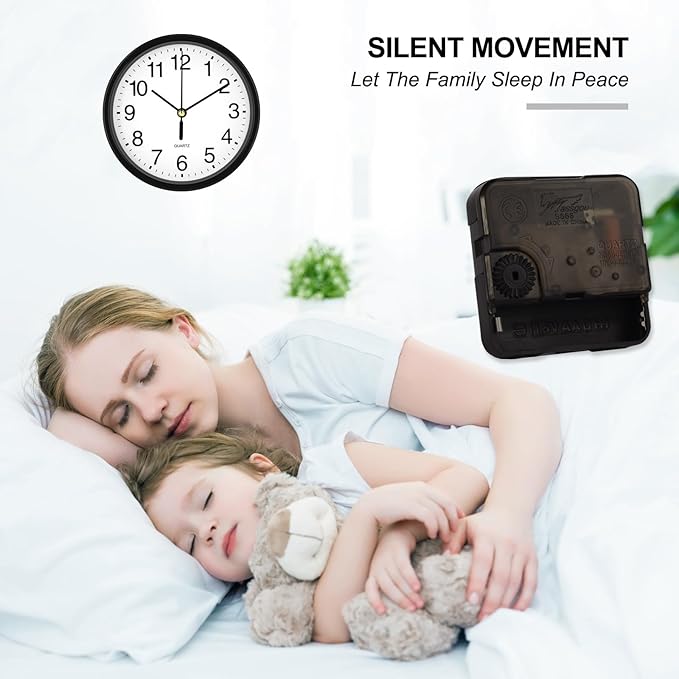 Silent Wall Clock Non Ticking, 6 Inch Wall Clocks Battery Operated, Small Analog Clock for Bedroom Home Office Kitchen Bathroom School, Easy to Read(Black)