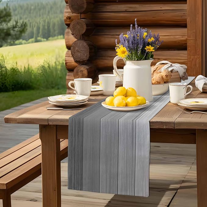 Vandarllin Table Runners 13X72 Inches Long, Light Gray Dark Grey,Cotton Linen Farmhouse Retro Rustic Barn Wood Texture Tablecloths Non-Slip Party Table Decorations for Kitchen,Home,Dining,Outdoor,