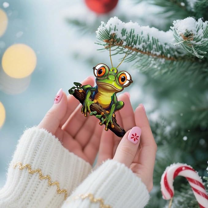 Green Frog Christmas Tree Keepsake Ornaments, Funny Frogs Themed 2 Side Printed Flat Wooden Ornament, Xmas Hanging Decor