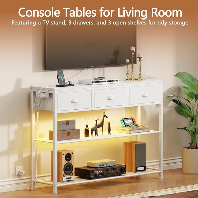 Furologee 38in Console Table with 3 Drawers, Small Sofa Table with Lights and Power Outlets, Hallway Tables with 3-Tier Shelves, White Narrow Console Table for Entryway, Living Room, Couch, Foyer