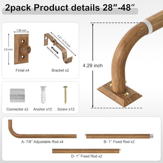 Wood Curtain Rods 2 Pack, Heavy Duty Wrap Around Curtain Rod for Windows 28 to 48 Inch, 1" Adjustable Decorative Blackout Curved Drapery Pole, Modern Room Darkening Rod, Window Treatment Rods