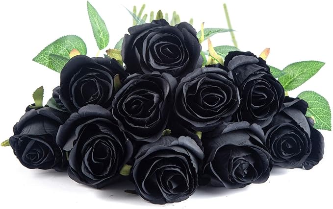 Flojery 10pcs Artificial Rose Flowers Long Stem Fake Silk Roses for DIY Wedding Bouquet Table Centerpiece Home Decor (Black)