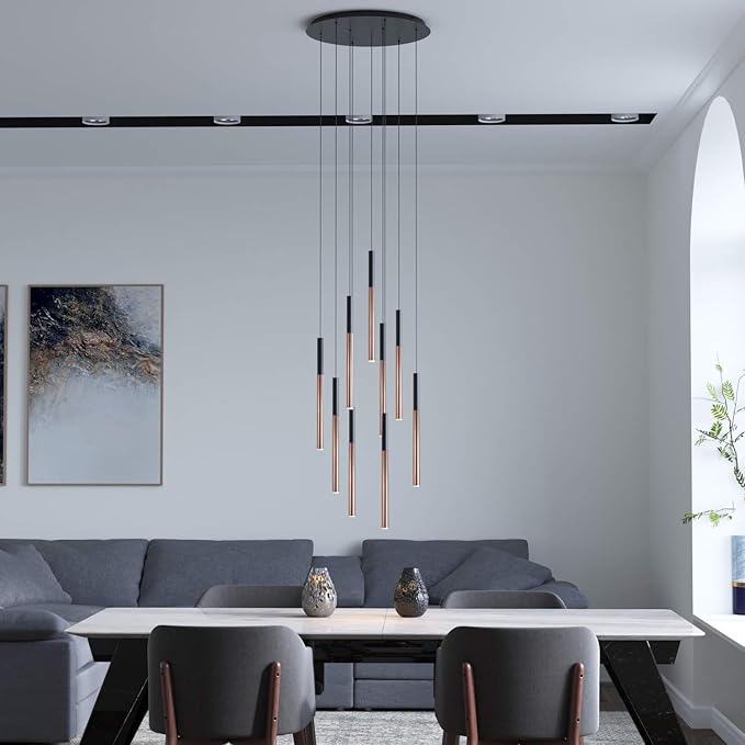 ALTAIR 9 Mini Pendant Lighting Black-Copper - LED Hanging Light Fixture for Kitchen Island, Bar, Foyer - Cluster Pendants - Dimmable, Adjustable Wire, Lamp Bulb Included