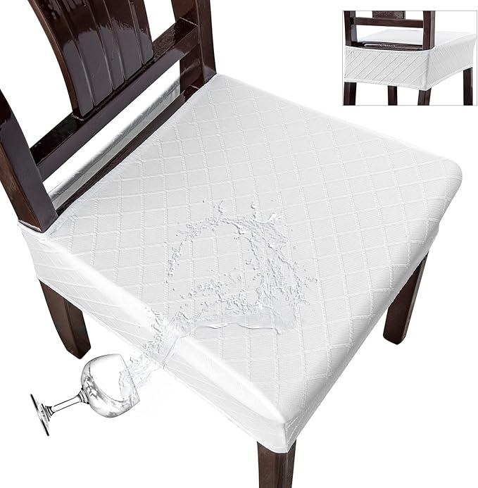 Genina Waterproof Seat Covers for Chairs,Set of 4 Dining Room Chair Seat Covers for Kitchen,Stretch Jacquard Removable Washable Dining Chair Slipcovers Protectors,No Rear Covers, White