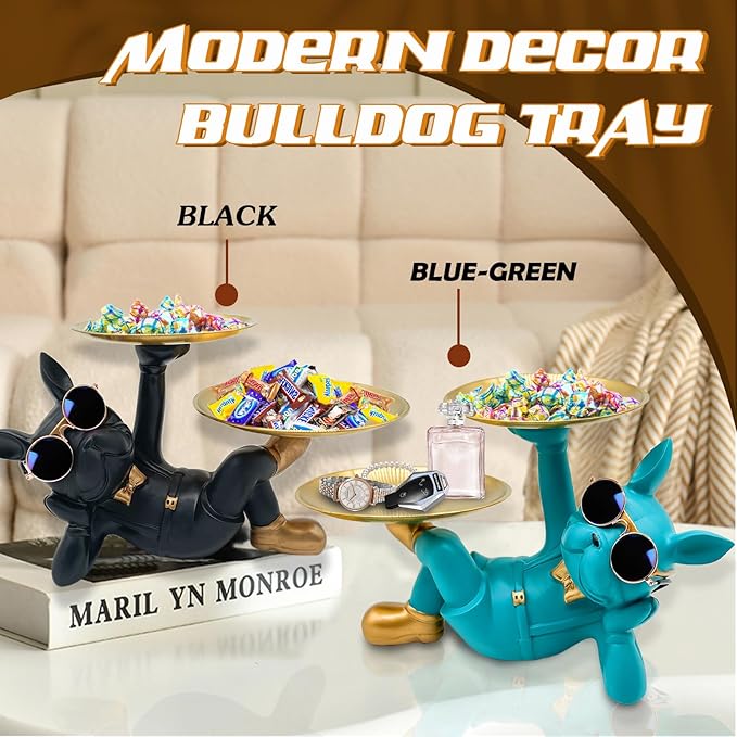 Resin French Bulldog Tray Statue, Lying Bulldog Candy Dish Key Holder Bowl, French Bulldog Accessories, Statues for Office Desk Home Decor Figurines Entryway Table Decor (Blue Green)