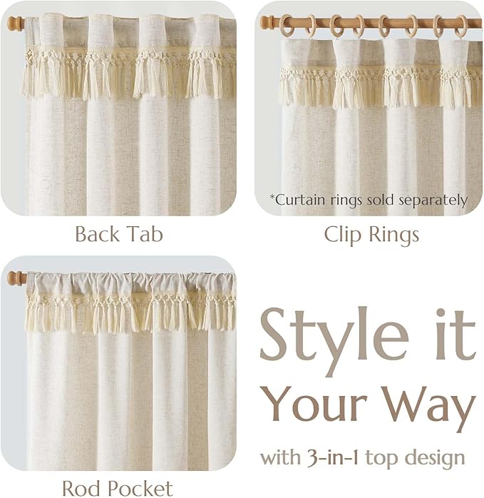 jinchan Linen Curtains for Living Room Bedroom Light Filtering Semi Sheer Curtains Boho Farmhouse French Country Cottage Core Decor Window Drapes Back Tab 90 Inch Length Tassel Beige
