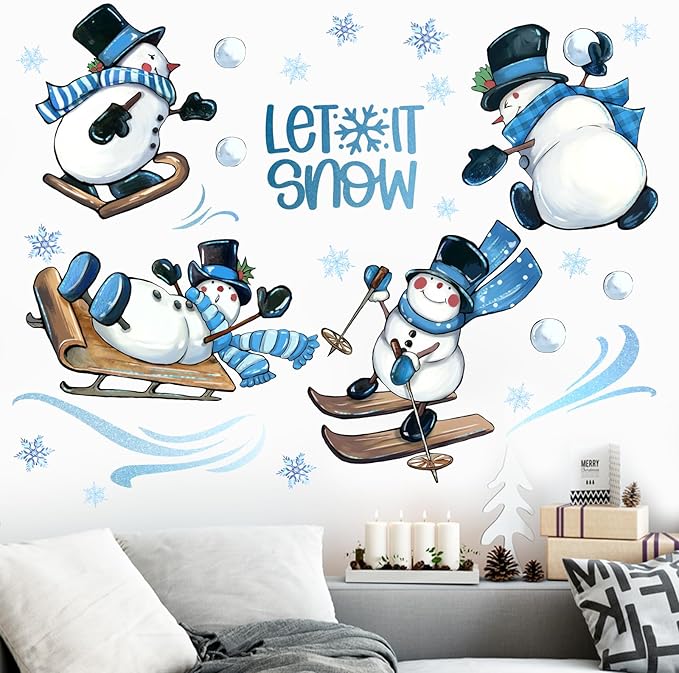 Mfault Winter Snowman Wall Decals Stickers, Let It Snow Winter Sport Sleigh Decorations Bedroom Art, Snowball Snowflakes 2026 New Year Christmas Holiday Home Kitchen Decor