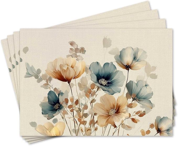Double Side Set of 4 Watercolor Floral Fall Placemats Seasonal Autumn Harvest Table Mats for Indoor Outdoor Home Party Dining Decor Farmhouse Burlap Table Mats 12x18 Inch #WP022