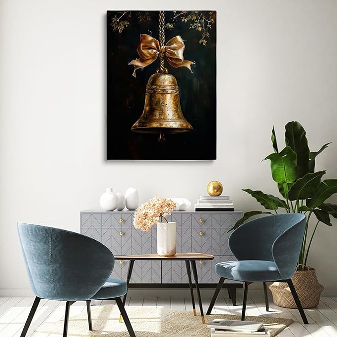 Vintage Christmas Gold Bell Painting, Dark Academia Festive Print, Moody Holiday Wall Art, Cottage Core Xmas Bow Poster, Vertical Print, Unframed 16x24inch