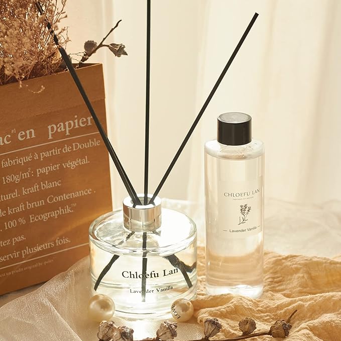 Chloefu LAN Lavender Reéd Diffuser Refill 200ml/6.76 fl oz Natural Essential Lavender Scented Oil - Best for Aromatherapy, SPA and Home, 0% Alcohol, Fresh & Long Lasting, Free Set of Diffuser Sticks