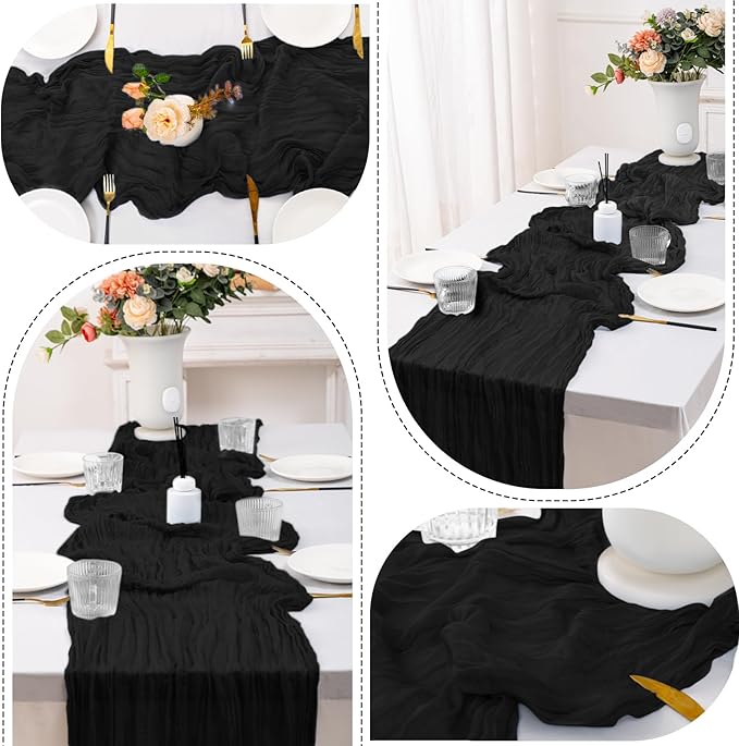 10 Pack Black Cheesecloth Table Runner,10FT/120 Inch Boho Gauze Fabric Table Runner,Rustic Sheer Black Cheese Cloth Runner Bulk for Wedding,Bridal Baby Shower,Birthday Party,Holiday Home Table Decor