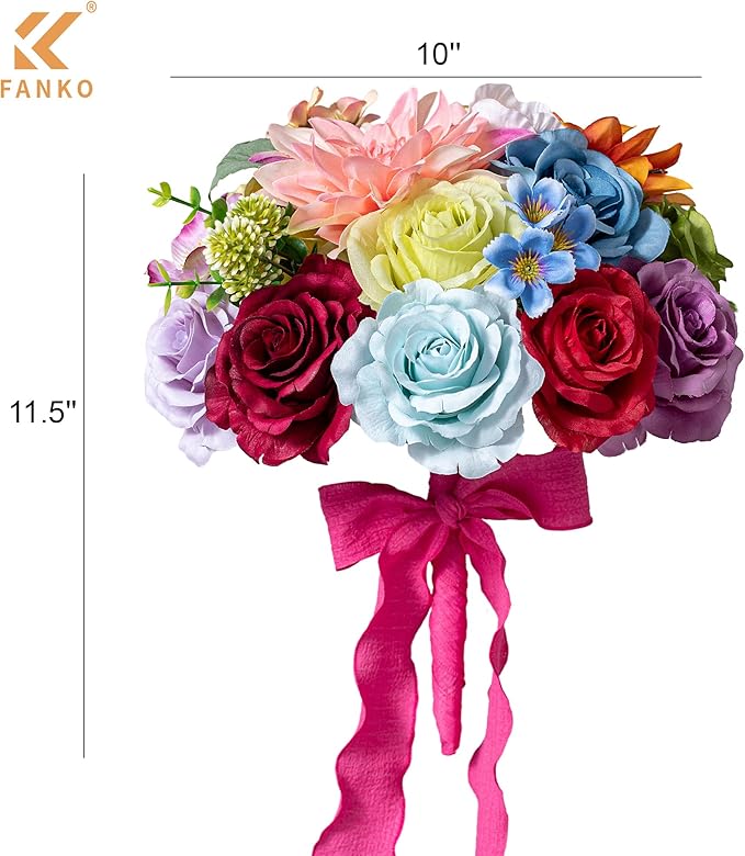 FANKO Artificial Flowers Rainbow Rose, Mixed Combo Fake Silk Flowers Blue & Red Rose Purple Burgundy Roses with Dahlia Assorted Blooms for DIY Wedding Bridal Bouquets/Centerpieces/Home Decor