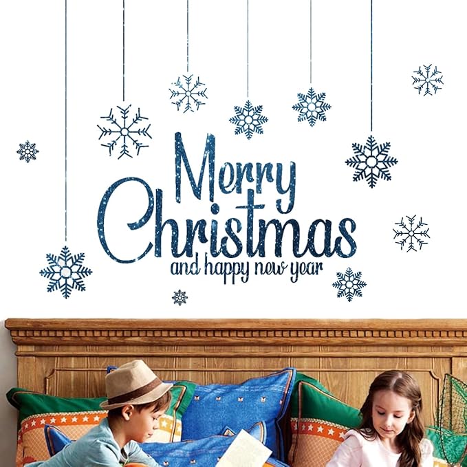Merry Christmas and Happy New Year Wall Decal Snowflake Quotes Stickers Decorations 26" × 24" Peel and Stick Wall Saying Letters Vinyl Decor Art Decals for Livingroom Bedroom Office Window Decorations