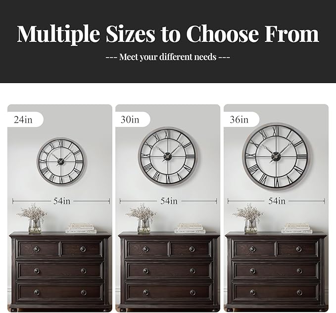 Large Wall Clock 24 Inch, Big Round Clock Decorative Battery Operated with Solid Wood Frame Non-Ticking Silent, Farmhouse Wooden Wall Clocks for Living Room, Kitchen, Office